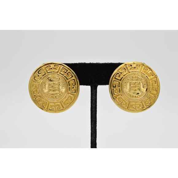 Givenchy Vintage Coin Clip On Earrings Logo 4G Gold Chunky Signed 1980s BinH - Picture 1 of 11